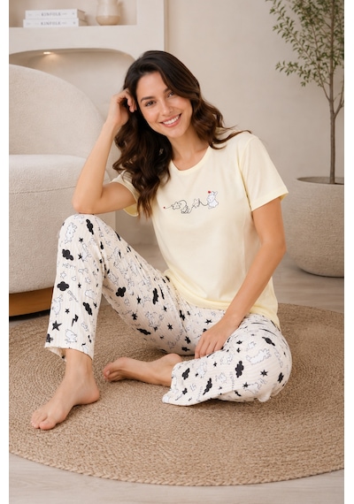 Wordex Mirano 4103 Tavşanlı Kalpli Kısa Kollu Pamuklu Kadın Pijama Takımı Sarı