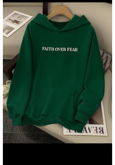 Herkesemoda Fait Over Baskı Detaylı Kapüşonlu Sweatshırt Yeşil