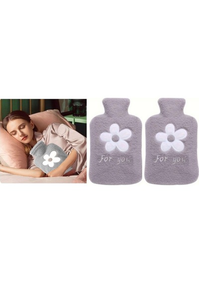 2 Adet Sıcak Su Torbası Peluş Papatya Desenli Gri 21x13,5x2cm 500 Ml Gri