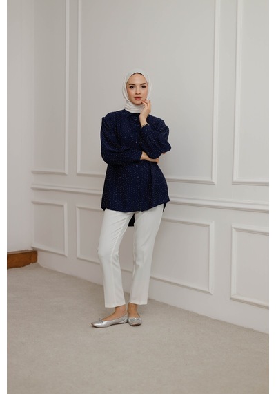 Moonsc Kadın Regular Fit Bel Bağlamı Ve Taş Detaylı Tesettür Lacivert Gömlek