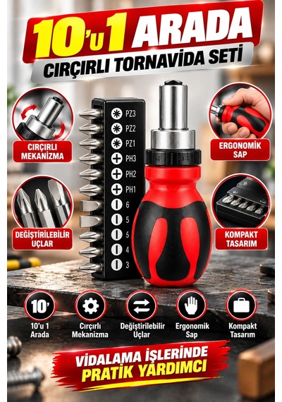 Eltaş 10 U 1 Arada Cırcırlı Tornavida Seti Değiştirilebilir Uçlu Ergonomik Tornavida