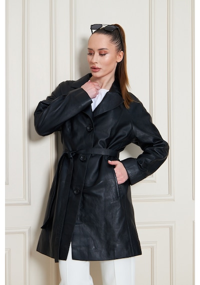 M M Marki Marki Kadın Hakiki Deri Trençkot Siyah, V Yaka, Kuşaklı, Düğme Kapamalı, Oversize, 90 Cm - 117122