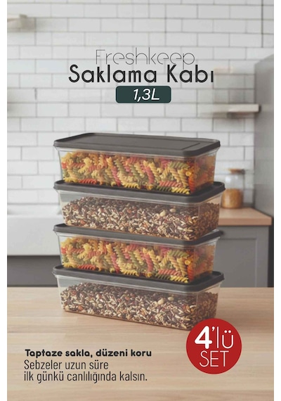 4'lü Saklama Kabı 1,3 Litre Derin Dondurucu Mikrodalga Uyumlu Gri