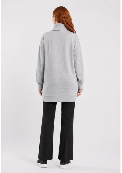 Neden Tekstil Kadın Gri Uzun Triko Sweatshirt Fermuarlı Yaka