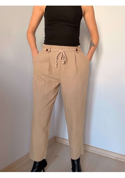 Ali Butik Vizon Boncuk Bağlama Detaylı Keten Pantolon Krem