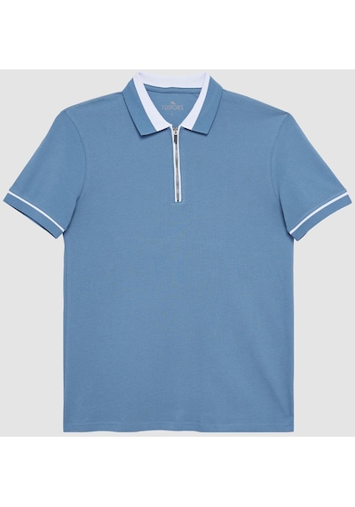 Tudors Erkek Slim Fit Dar Kesim %100 Pamuk Düz Pike Fermuarlı Mavi Polo Yaka Tişört-31112-mavi Mavi