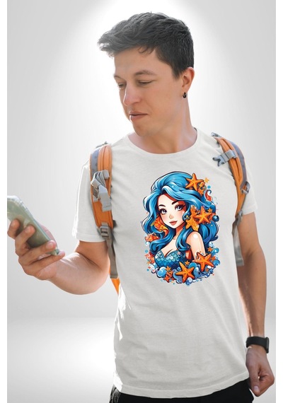 Deniz Kızı Deniz Yıldızı Mavi Saçlı Unisex Unisex Beyaz Organik Baskılı T-shirt Penye Yüksek Kalite Beyaz