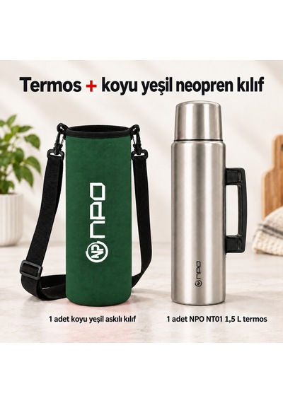 Npo Nt01 2 Katman Vakum Teknolojili 24h Sıcak 48h Soğuk 72h Buzlu Koruma Çelik Termos Yeşil Kılıflı