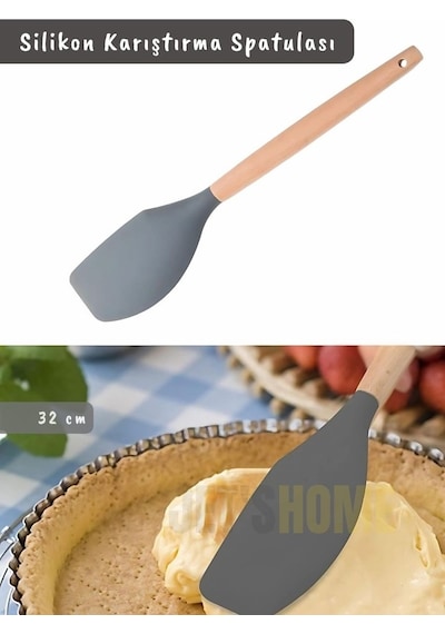 Silikon Karıştırma Spatulası Mutfak Kaşığı Pasta Spatulası Sıyırma Spatula Ahşap Saplı 32 Cm Gri