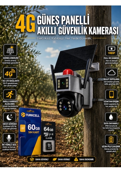 Güneş Panelli 4g Simkartlı Akıllı Kamera / 60gb Türkcell Hat+ 64 Gb Hafıza Kartı