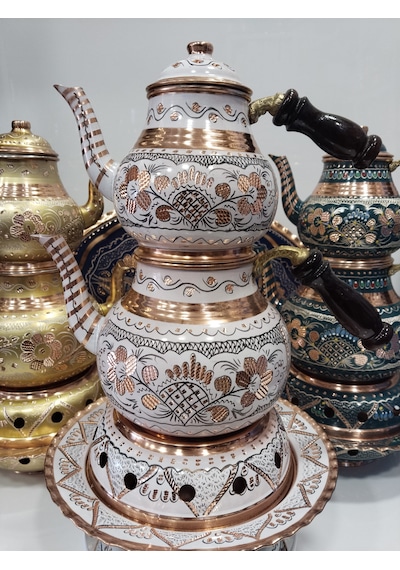 İşlemeli Bakır Çaydanlık- Osmanlı Ocaklı Bakır Demlik Takımı Beyaz