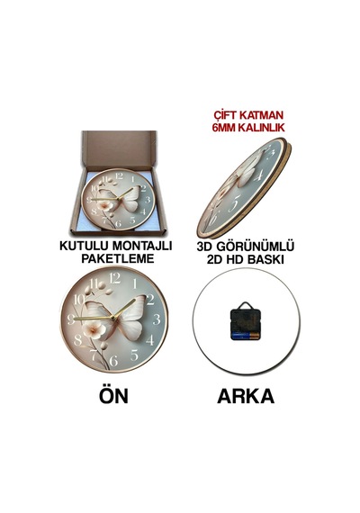 Zarafetin Zamanla Buluştuğu An 3d Görünümlü Kelebek Temalı Mdf Duvar Saati Sdw276 Renkli