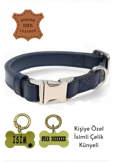 Hakiki Deri Köpek Boyun Tasması, Kişiye Özel Künyeli Lux Seri Lc Lacivert