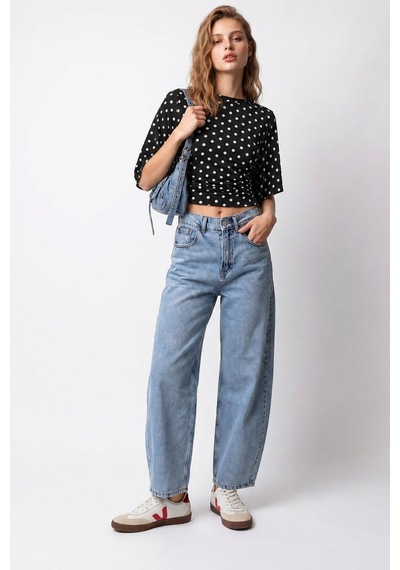 Mixray 2172 Kadın Yüksek Bel Geniş Paça Barrel Denim Pantolon Mavi