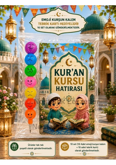 10 Adet Kur'an Kursu Hatırası Emoji Yumurtlayan Kurşun Kalem Tebrik Kartı Hediye Seti
