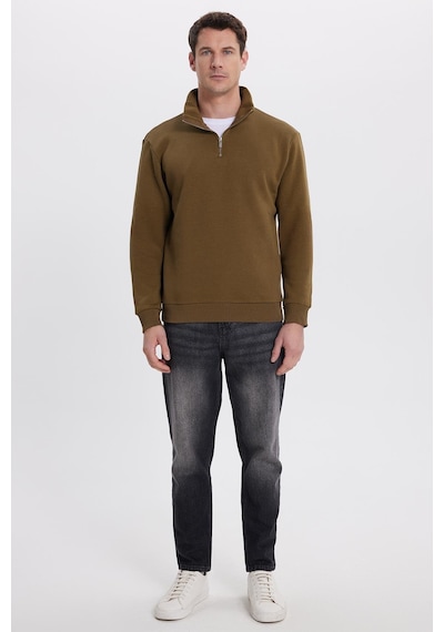 Tudors Unisex Relax Fit Rahat Kesim Pamuklu İçi Polarlı Yarım Fermuarlı Yeşil Dik Yaka Sweatshirt-35164 Yeşil