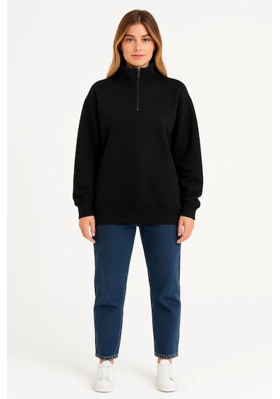 Üç İplik Dık Yaka Yarım Fermuarlı Sweatshirt - Siyah SIYAH