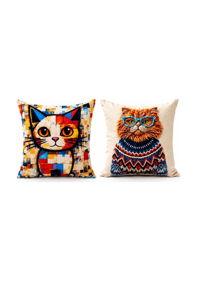 Kırlent Kılıfı Dekoratif Dijital Baskı Kedi Desenli 43 X 43 Cm 4'lü Bej Bej