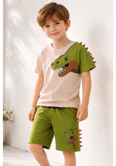 Beka Kids Erkek Çocuk Kısa Kollu Dinazor Baskılı Ve Keçeli Şort Ve Tişört Alt-üst İkili Takım Yeşil