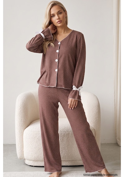 Siyah İnci Desenli Bürümcük-krınkıl Kurdele Detaylı Düğmeli Hırka Pijama Takım 26223921 Kahverengi Puan