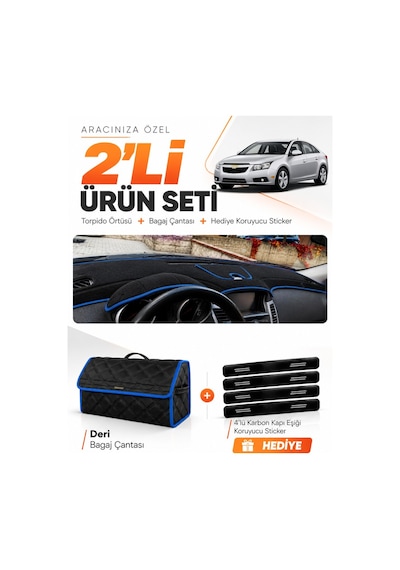 Chevrolet Cruze J300 Makyajsız 2008-2011 Uyumlu Torpido Örtüsü + Deri Çanta Seti - Siyah Mavi