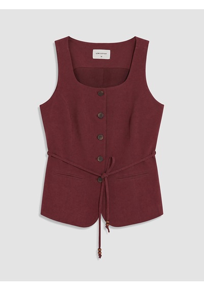 Lcw Everyday Bordo Beli Kuşaklı Keten Karışım Kadın Klasik Yelek