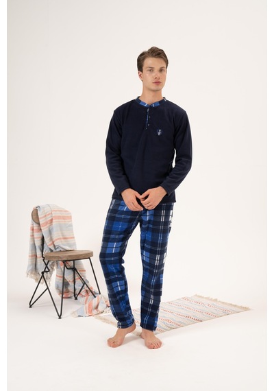 Estiva Erkek Kışlık Düğmeli Yaka Kareli Alt Polar Pijama Takımı 001