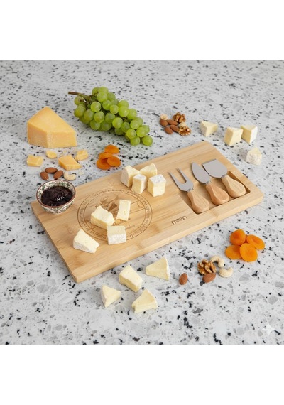 Bambu Peynir Sunum Tahtası Ve 3'lü Paslanmaz Çelik Bıçak Seti Şık Servis & Sunum 37x18x1,5cm Çok Renkli