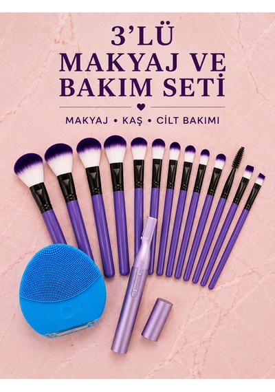 3 Lü Makyaj Ve Cilt Bakım Seti 12 Parça Makyaj Fırçası Kaş Alma Düzeltme Ve Silikon Yüz Temizleme Cihazı - L