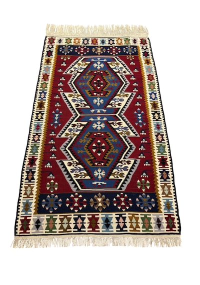 El Dokuma Sıfır Yahyalı Kilim 100x165 Kırmızı Mavi %100 Yün Kök Boya Mavi