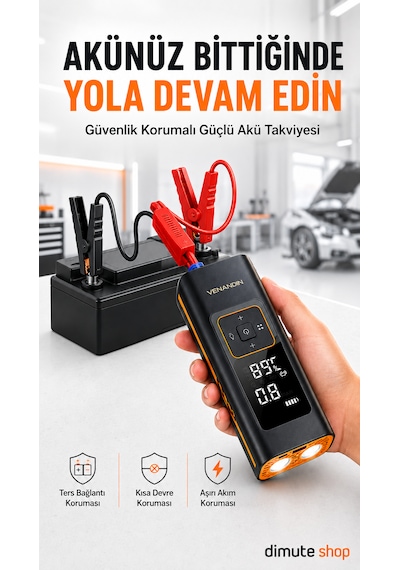 Inflamo Taşınabilir Akü Takviye Cihazı Powerbank Ve Kablosuz Hava Kompresörü 3 Ü 1 Arada