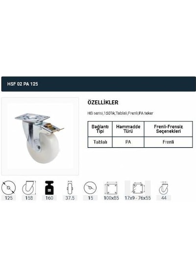 Frenli Dönerli Tablalı Servis Tekeri Polyemid 125 Mm Uygur 1 Ad