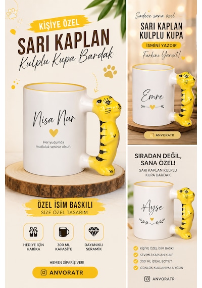 Kişiye Özel - Kaplan Kulplu Kupa Beyaz - Sarı