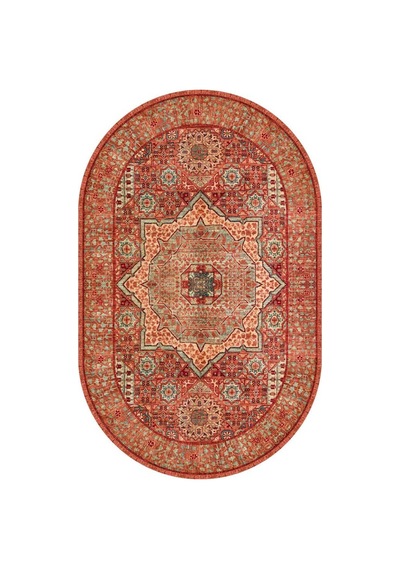Frenda Home Vintage Desen Pamuk Taban Baskılı Yıkanabilir Oval Halı Kırmızı