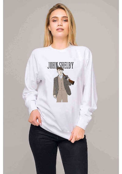 Peaky Blinders John Shelby Illustration Baskılı Beyaz Kadın Swea
