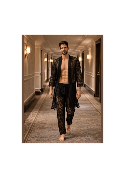 Qmen Style Erkek Kimono Takımı 3 Lü Dantel Set Bornoz + Pantolon + Şort Siyah