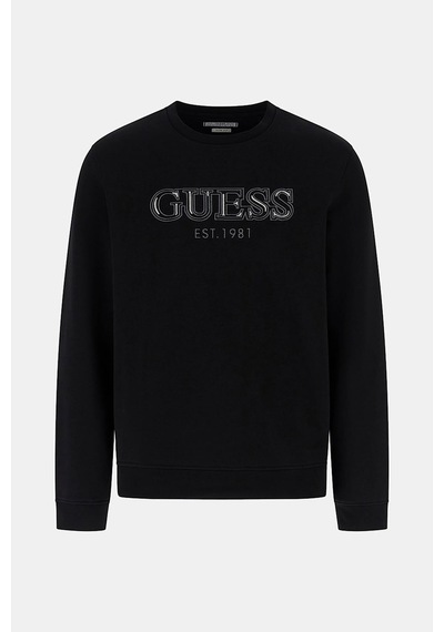 Guess Erkek Fleece Nakışlı Logo Sweatshirt - Siyah Siyah