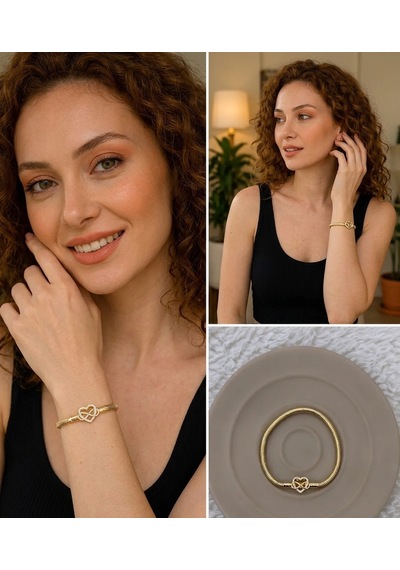Premium Gold Renk Parlak Taşlı 316l Çelik Sonsuzluk Ve Kalp Figürlü Gold Charm Bileklik 18cm Altın