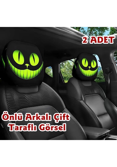 Yeşil Kedi Çift Taraflı Dekoratif Oto Başlık Kılıfı/Maske 2'li