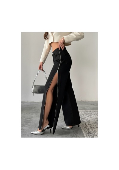Blue Marlın Yan Fermuarlı Uzun Boyfriend Bol Paça Jeans Siyah