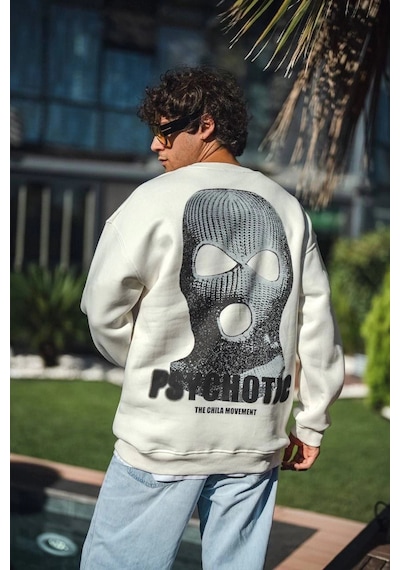 Ertaştrendstore Erkek 3 İplik Pamuklu Kışlık Bisiklet Yaka Baskılı Sweatshirt - Beyaz Çok Renk