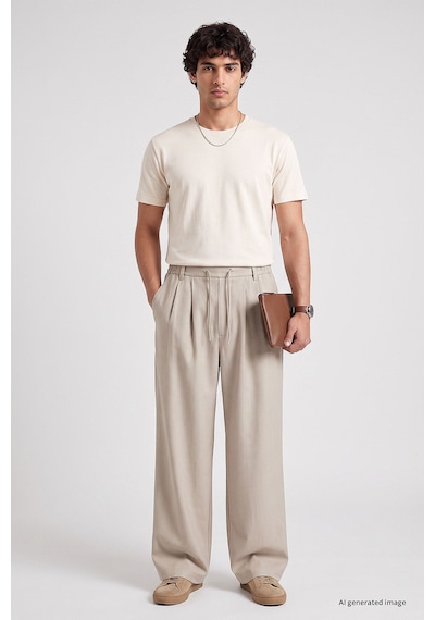 TOMMYLIFE Bej Pileli Dokuma Palazzo Erkek Pantolon - 82201