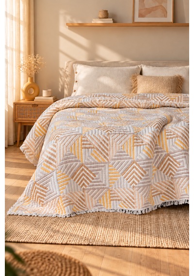 Geometrik %100 Pamuklu Müslin Yatak Örtüsü Pike , Premium Püsküllü Çift Taraflı 220x240 Sarı