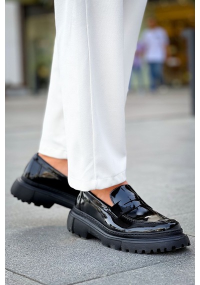 Roof Atelier Erkek Siyah Rugan Kalın Taban Loafer Ayakkabı - 2417 - Rst Siyah