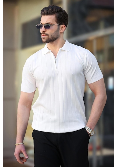 Madmext Madmext Beyaz Polo Yaka Fermuarlı Erkek T-shirt E7298 Beyaz