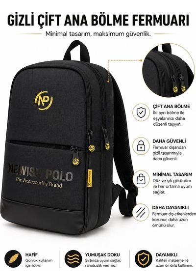 Newish Polo Unisex Minimal Sırt Çantası Laptop Bölmeli Şehir İçi Kullanım - New406 Siyah
