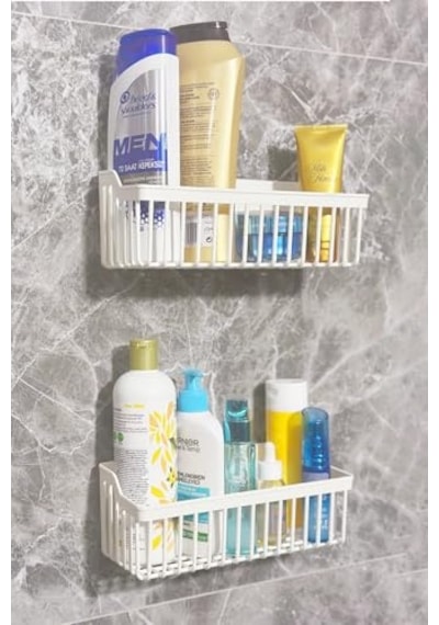 Banyor Yapışkanlı Banyo Rafı, 2'li Banyo Düzenleyici Organizer Duş Şampuanlık, Plastik Beyaz Diğer