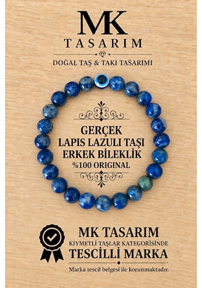 Mk Tasarım Gerçek Lapis Lazuli Erkek Bileklik Mk.8000.016- Rahatlık-dinginlik-enerji- Stres Bilekliğ Çok Renkli