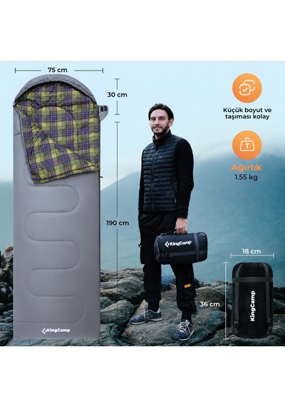 Kingcamp Sevan 250 Konforlu Uyku Tulumu Grey Sol F. Gri