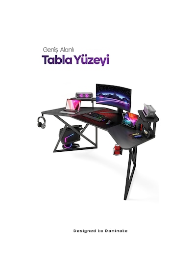 Vortex 25mm Kanatlı Oyuncu Masası | Siyah Karbon Fiber Kaplama | Raflı Oyuncu Masası